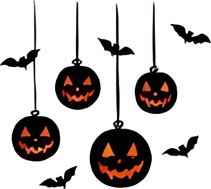 Dangling jack-o'-lanterns with bats